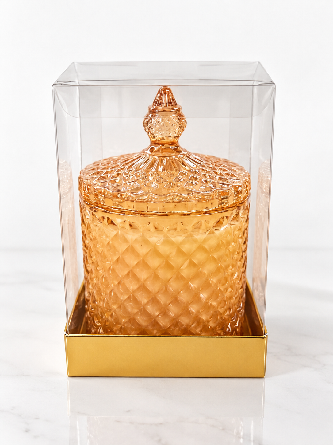 Bougie de coco en verre ambré – Bougie de luxe coulée à la main avec couvercle | Lueur chaude dorée