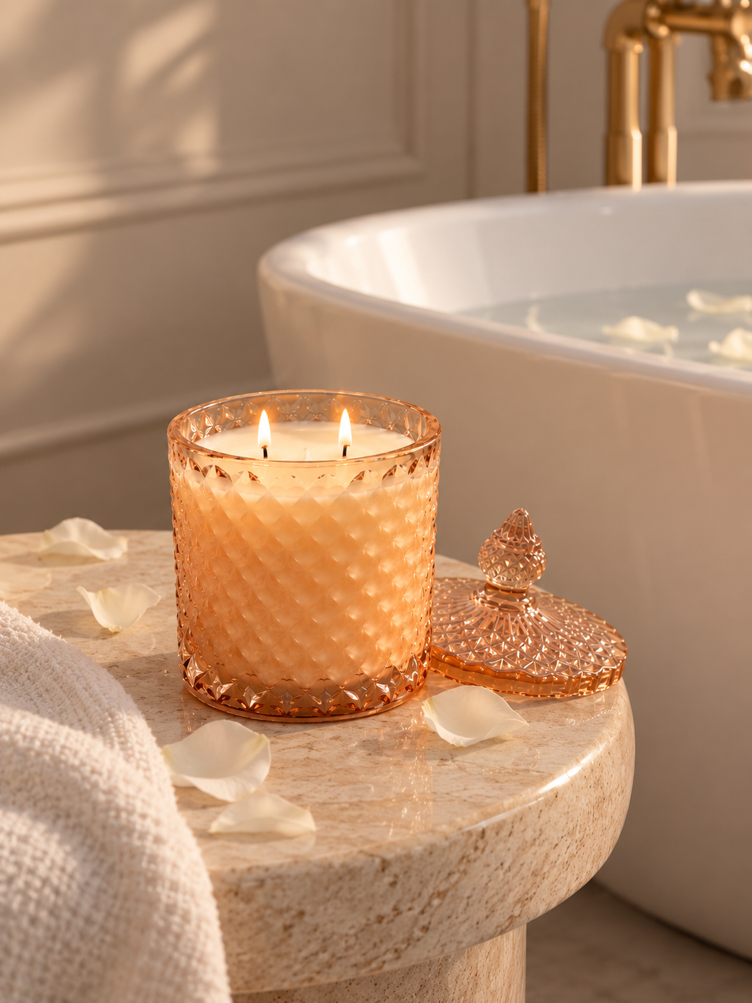 Bougie de coco en verre ambré – Bougie de luxe coulée à la main avec couvercle | Lueur chaude dorée