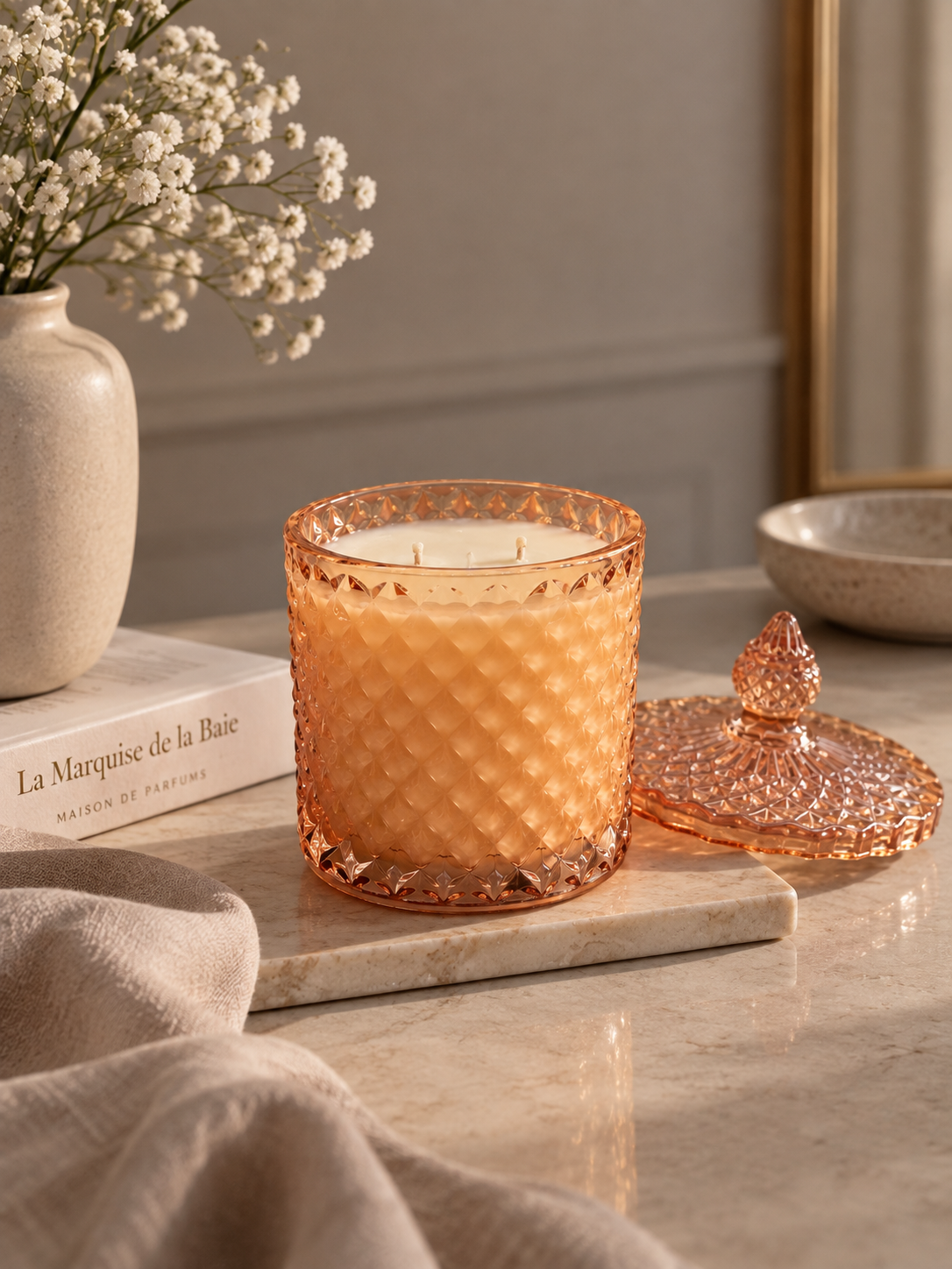 Bougie de coco en verre ambré – Bougie de luxe coulée à la main avec couvercle | Lueur chaude dorée